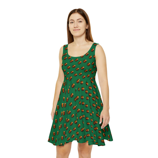 Tigers Eye Gemstone Skater Dress Dark Green - Confidence, Grounding