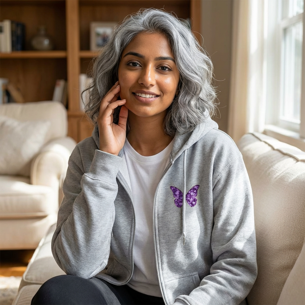 February Amethyst Zip Sweatshirt Butterfly - Sincerity, Faith, Loyalty