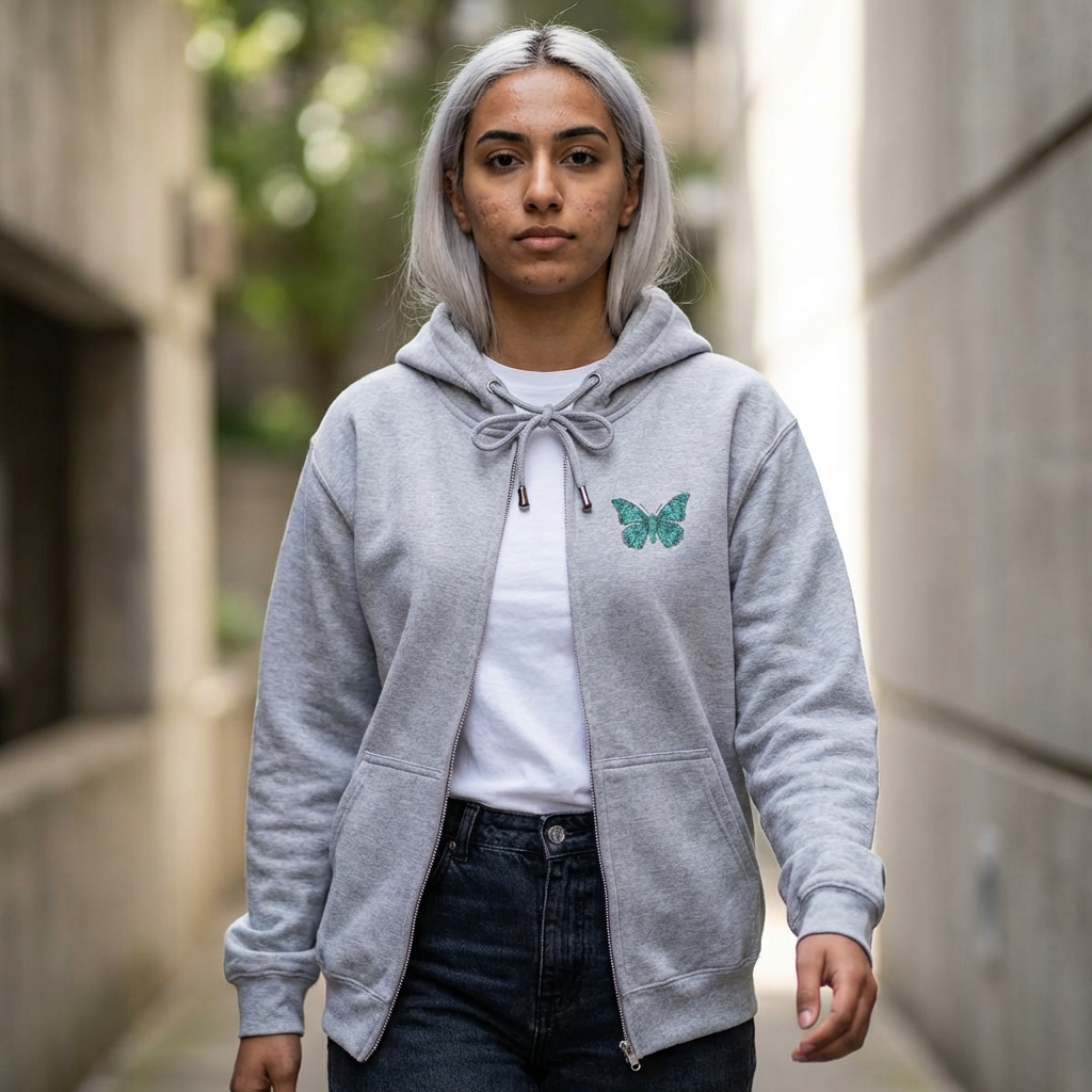 March Birthstone Aquamarine Zip Sweatshirt Butterfly - Courage, Balance, Clarity